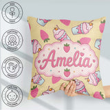 Custom Name Cute Strawberry Milkshake Yellow Background Seamless Square Filled Cushion Throw Pillow Sofa Bed Home Decor Zip Washable UK Made
