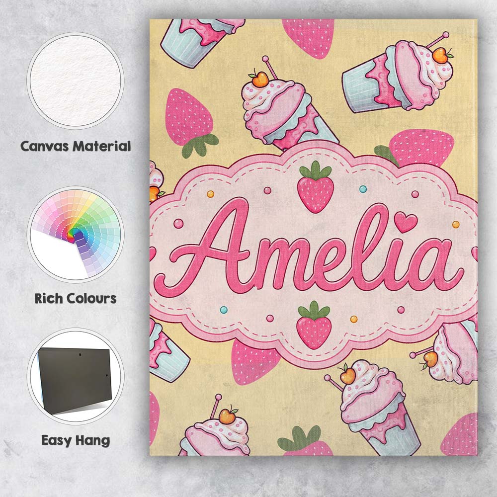 Personalised Name Cute Strawberry Milkshake Custom  Bespoke Interior Contemporary Canvas Wall Art Print Decor Picture Ready to Hang