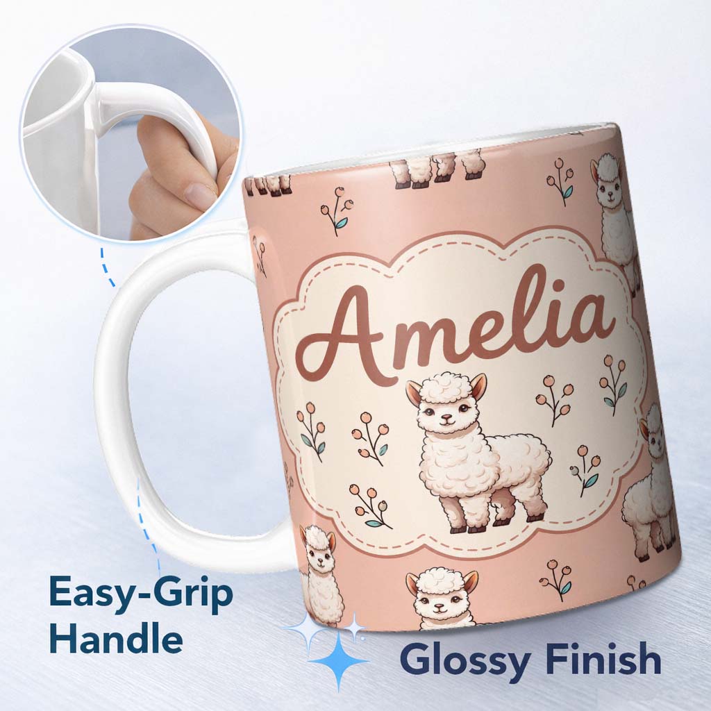 Personalized Custom Name Cute Alpaca Llama Farm Animals Floral Seamless Pattern Peach Lovely 11oz Ceramic Coffee Tea Mug White Large Handle