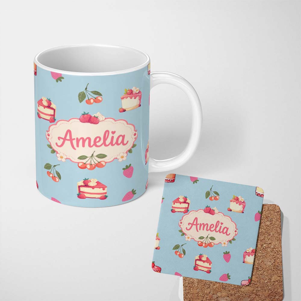 Personalized Custom Name Cute Strawberry Cake Cherry Dessert Blue Background Seamless 11oz Ceramic Coffee Tea Mug White Large Handle