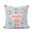 Custom Name Cute Strawberry Cake Cherry Blue Background Seamless Square Filled Cushion Throw Pillow Sofa Bed Home Decor Zip Washable UK Made