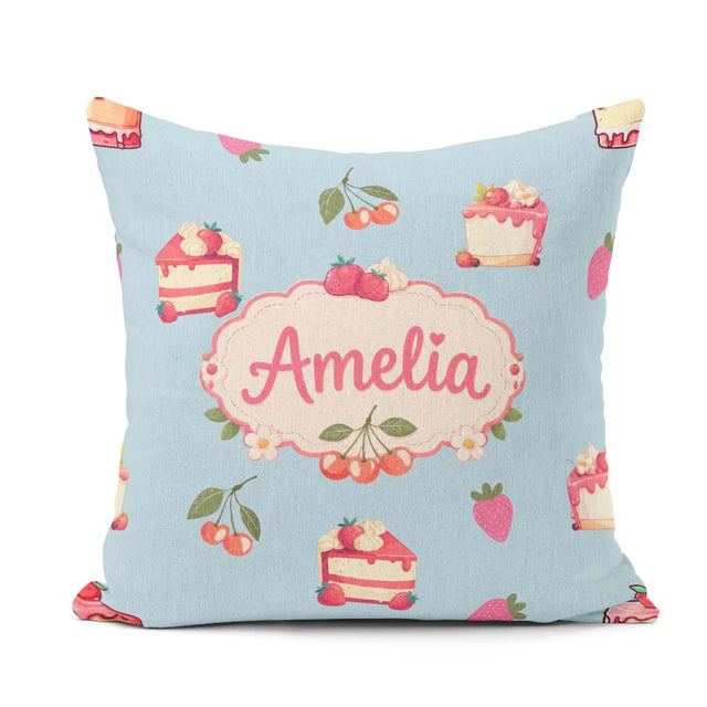 Custom Name Cute Strawberry Cake Cherry Blue Background Seamless Square Filled Cushion Throw Pillow Sofa Bed Home Decor Zip Washable UK Made