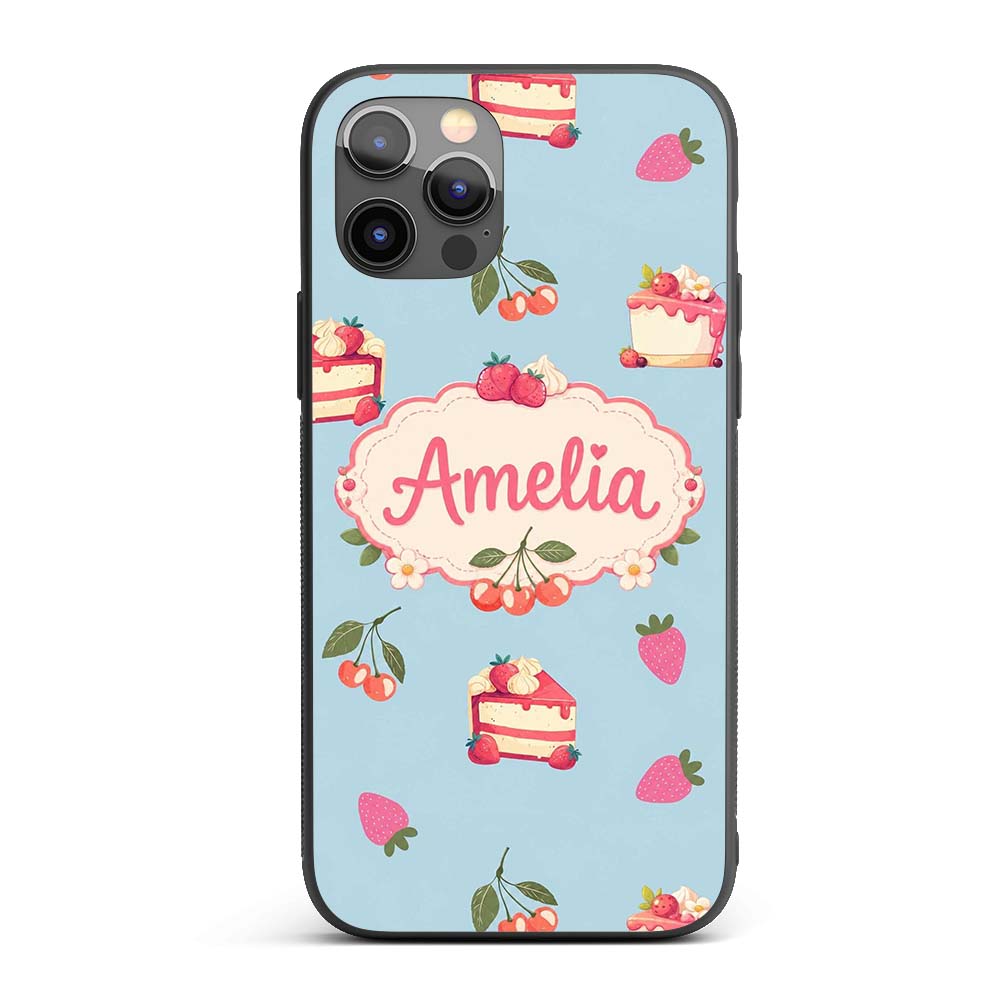 Cute Strawberry Cake Cherry Decorative Design Custom Name Protective Phone Case Mobile Cover Durable Everyday Smartphone Shock Resistant