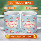 Personalized Custom Name Cute Strawberry Cake Cherry Dessert Blue Background Seamless 11oz Ceramic Coffee Tea Mug White Large Handle
