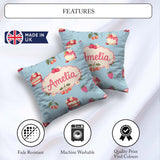 Custom Name Cute Strawberry Cake Cherry Blue Background Seamless Square Filled Cushion Throw Pillow Sofa Bed Home Decor Zip Washable UK Made
