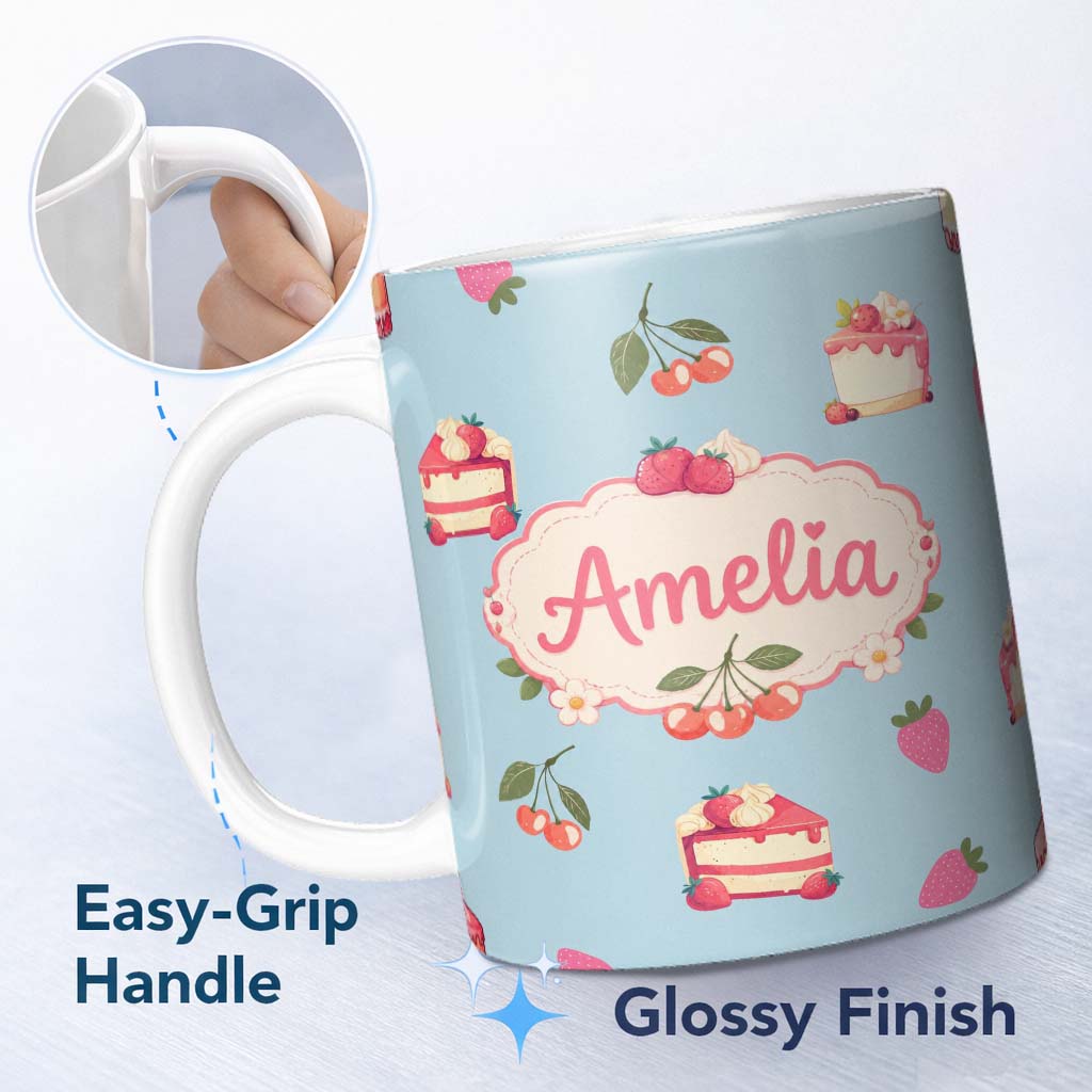 Personalized Custom Name Cute Strawberry Cake Cherry Dessert Blue Background Seamless 11oz Ceramic Coffee Tea Mug White Large Handle