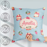 Custom Name Cute Strawberry Cake Cherry Blue Background Seamless Square Filled Cushion Throw Pillow Sofa Bed Home Decor Zip Washable UK Made