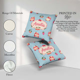 Custom Name Cute Strawberry Cake Cherry Blue Background Seamless Square Filled Cushion Throw Pillow Sofa Bed Home Decor Zip Washable UK Made