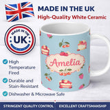 Personalized Custom Name Cute Strawberry Cake Cherry Dessert Blue Background Seamless 11oz Ceramic Coffee Tea Mug White Large Handle