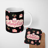 Personalized Custom Name Cute Strawberry Cake Cherry Dessert Black Background Seamless 11oz Ceramic Coffee Tea Mug White Large Handle