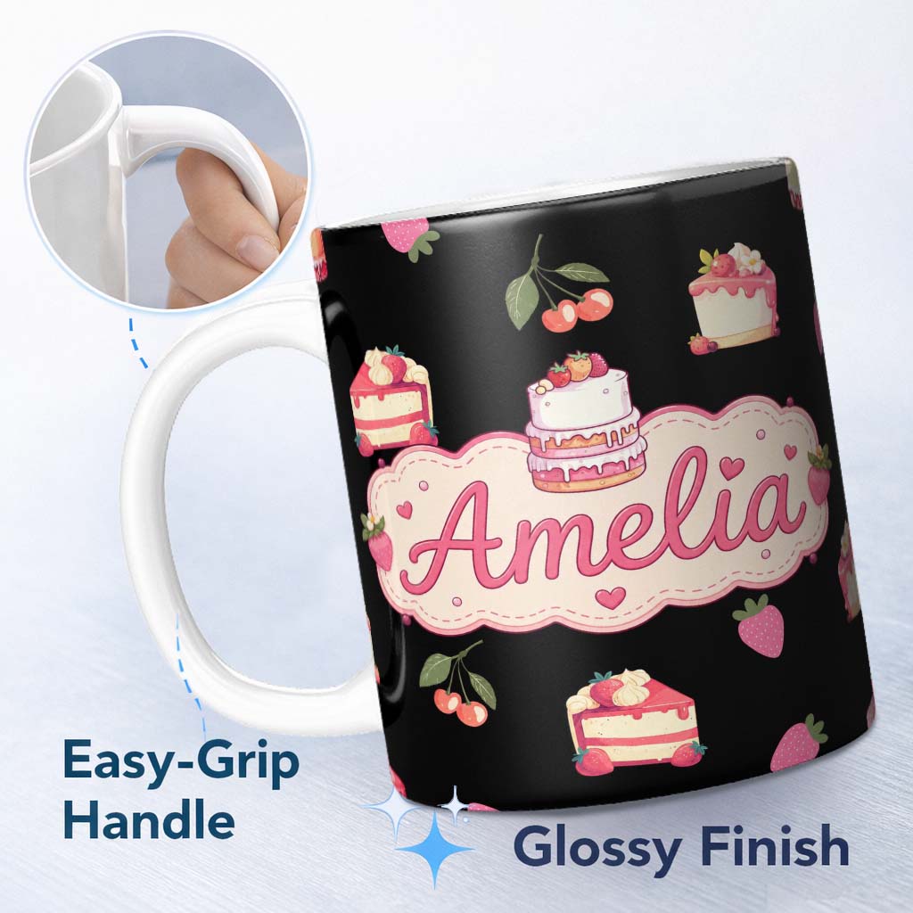 Personalized Custom Name Cute Strawberry Cake Cherry Dessert Black Background Seamless 11oz Ceramic Coffee Tea Mug White Large Handle