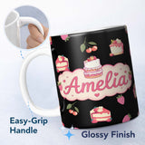 Personalized Custom Name Cute Strawberry Cake Cherry Dessert Black Background Seamless 11oz Ceramic Coffee Tea Mug White Large Handle