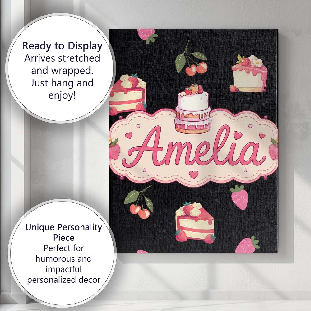 Personalised Name Cute Strawberry Cake Custom  Modern Room Accent Elegant Feature Canvas Wall Art Print Decor Picture Ready to Hang