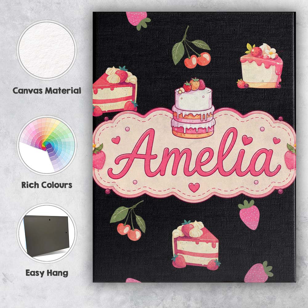 Personalised Name Cute Strawberry Cake Custom  Modern Room Accent Elegant Feature Canvas Wall Art Print Decor Picture Ready to Hang