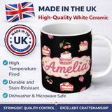 Personalized Custom Name Cute Strawberry Cake Cherry Dessert Black Background Seamless 11oz Ceramic Coffee Tea Mug White Large Handle