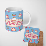 Personalized Custom Name Cute Strawberry Cake Cherry Dessert Blue Sky Background Seamless 11oz Ceramic Coffee Tea Mug White Large Handle