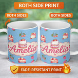 Personalized Custom Name Cute Strawberry Cake Cherry Dessert Blue Sky Background Seamless 11oz Ceramic Coffee Tea Mug White Large Handle