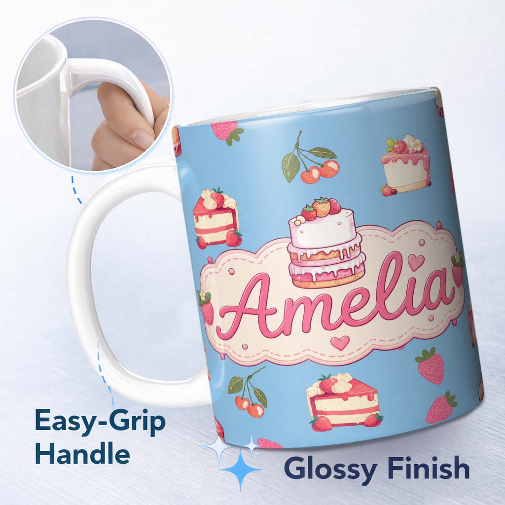 Personalized Custom Name Cute Strawberry Cake Cherry Dessert Blue Sky Background Seamless 11oz Ceramic Coffee Tea Mug White Large Handle