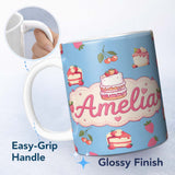 Personalized Custom Name Cute Strawberry Cake Cherry Dessert Blue Sky Background Seamless 11oz Ceramic Coffee Tea Mug White Large Handle