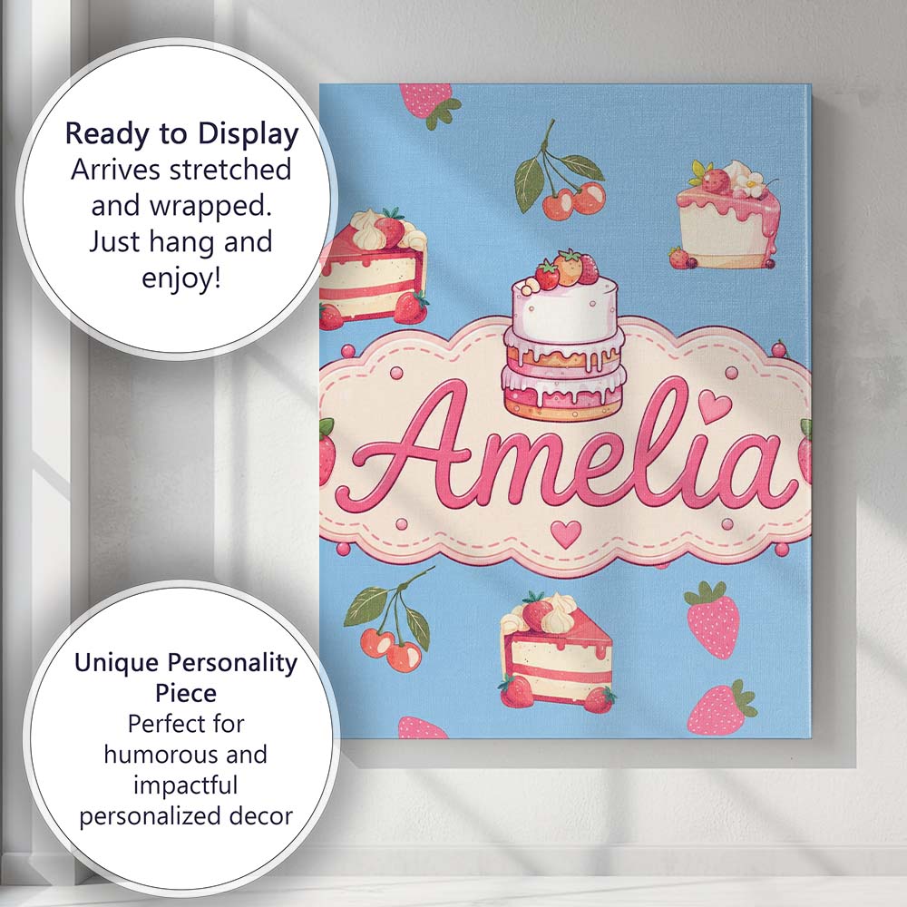 Personalised Name Cute Strawberry Cake Custom  Modern Room Accent Elegant Feature Canvas Wall Art Print Decor Picture Ready to Hang
