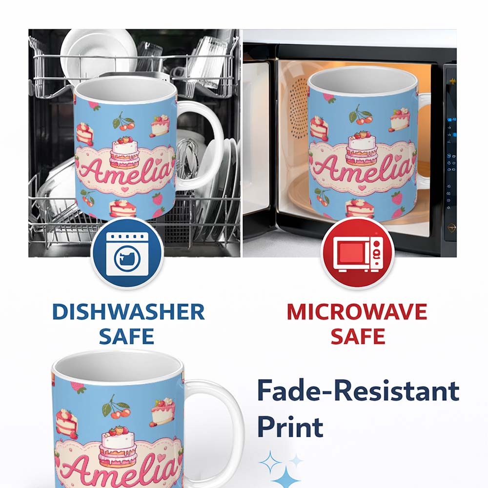 Personalized Custom Name Cute Strawberry Cake Cherry Dessert Blue Sky Background Seamless 11oz Ceramic Coffee Tea Mug White Large Handle