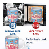 Personalized Custom Name Cute Strawberry Cake Cherry Dessert Blue Sky Background Seamless 11oz Ceramic Coffee Tea Mug White Large Handle