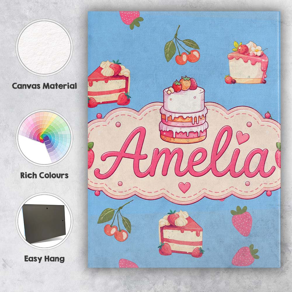 Personalised Name Cute Strawberry Cake Custom  Modern Room Accent Elegant Feature Canvas Wall Art Print Decor Picture Ready to Hang