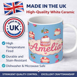 Personalized Custom Name Cute Strawberry Cake Cherry Dessert Blue Sky Background Seamless 11oz Ceramic Coffee Tea Mug White Large Handle
