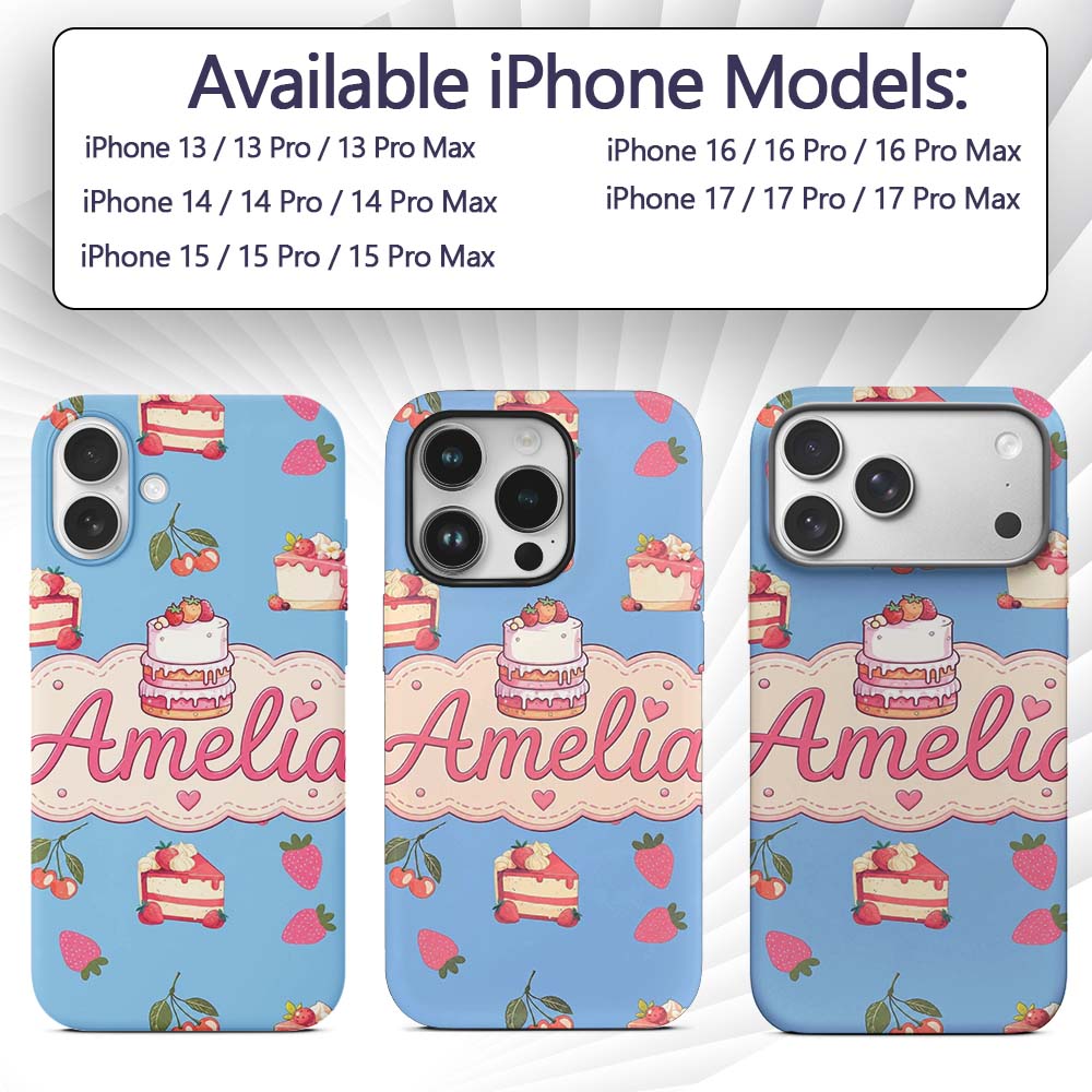 Cute Strawberry Cake Cherry Dessert Blue Sky Custom Name Protective Phone Case Mobile Cover Durable Everyday Smartphone Shock Resistant