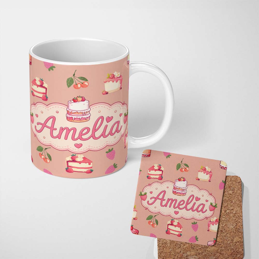 Personalized Custom Name Cute Strawberry Cherry Cake Dessert Beige Background Seamless 11oz Ceramic Coffee Tea Mug White Large Handle