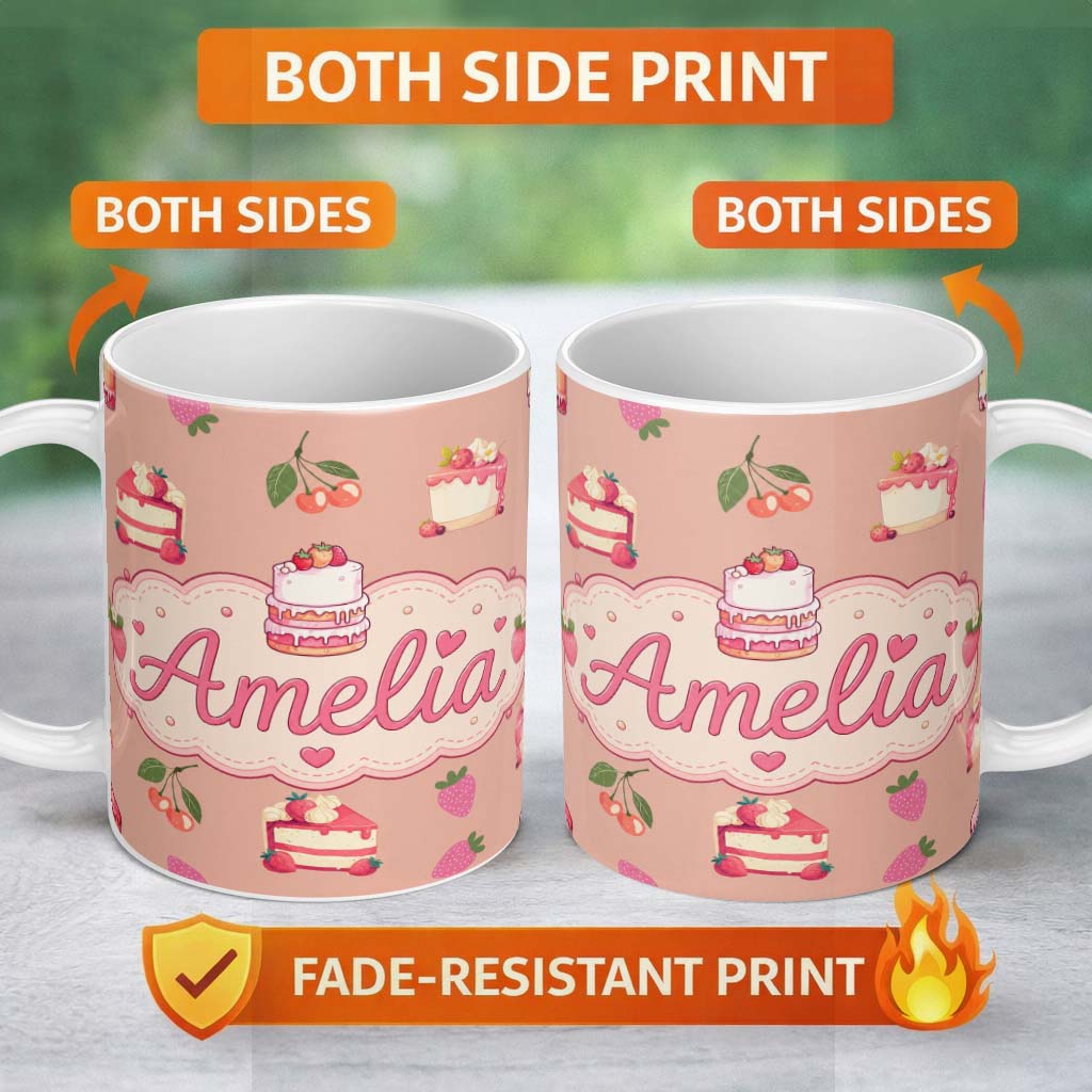 Personalized Custom Name Cute Strawberry Cherry Cake Dessert Beige Background Seamless 11oz Ceramic Coffee Tea Mug White Large Handle