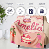 Cute Strawberry Cherry Cake Dessert Beige Background Seamless  Personalised Custom Name Super Soft Fleece Blanket Bed Sofa Throw