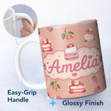 Personalized Custom Name Cute Strawberry Cherry Cake Dessert Beige Background Seamless 11oz Ceramic Coffee Tea Mug White Large Handle