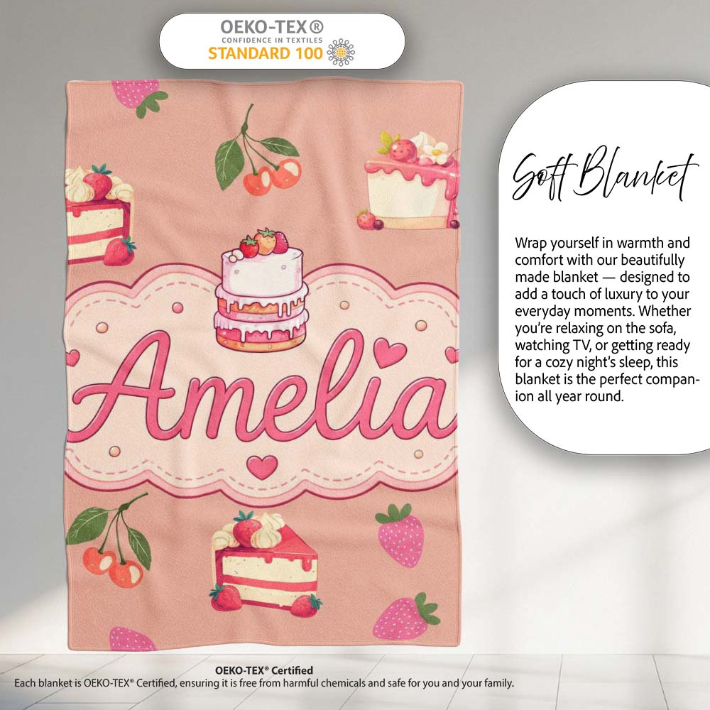Cute Strawberry Cherry Cake Dessert Beige Background Seamless  Personalised Custom Name Super Soft Fleece Blanket Bed Sofa Throw
