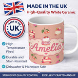Personalized Custom Name Cute Strawberry Cherry Cake Dessert Beige Background Seamless 11oz Ceramic Coffee Tea Mug White Large Handle