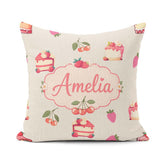 Custom Name Cute Strawberry Cherry Cake Dessert Cream Background Square Filled Cushion Throw Pillow Sofa Bed Home Decor Zip Washable UK Made