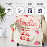 Cute Strawberry Cherry Cake Dessert Cream Background Seamless  Personalised Custom Name Super Soft Fleece Blanket Bed Sofa Throw