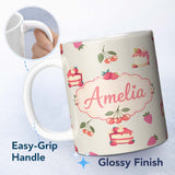 Personalized Custom Name Cute Strawberry Cherry Cake Dessert Cream Background Seamless 11oz Ceramic Coffee Tea Mug White Large Handle