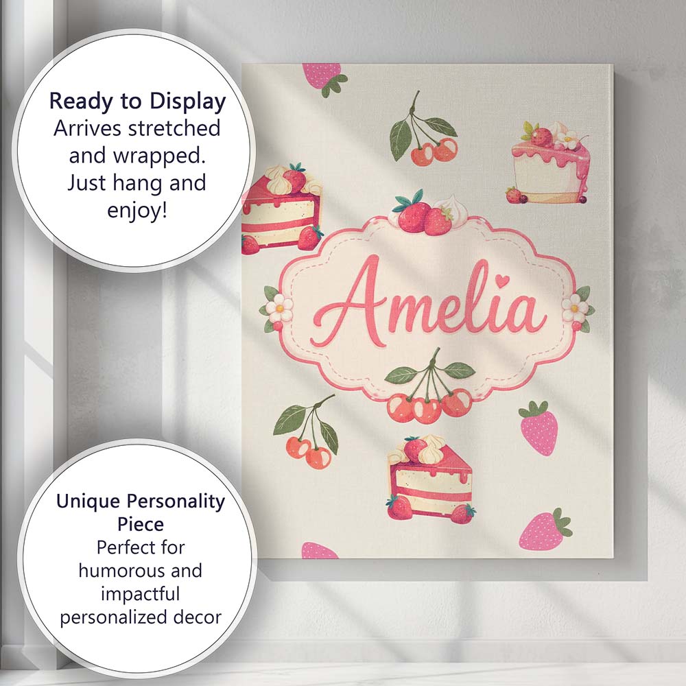 Personalised Name Cute Strawberry Cherry Custom  Unique Gift Idea Elegant Feature Canvas Wall Art Print Decor Picture Ready to Hang