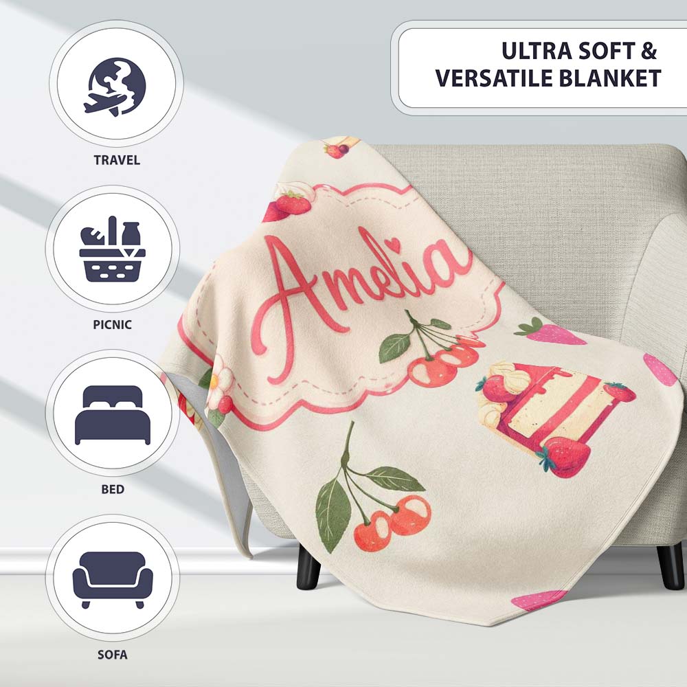 Cute Strawberry Cherry Cake Dessert Cream Background Seamless  Personalised Custom Name Super Soft Fleece Blanket Bed Sofa Throw