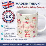 Personalized Custom Name Cute Strawberry Cherry Cake Dessert Cream Background Seamless 11oz Ceramic Coffee Tea Mug White Large Handle