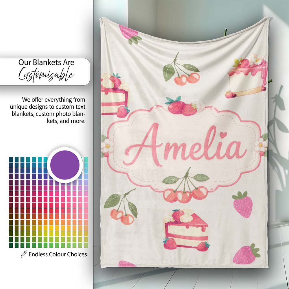 Cute Strawberry Cherry Cake Dessert Cream Background Seamless  Personalised Custom Name Super Soft Fleece Blanket Bed Sofa Throw