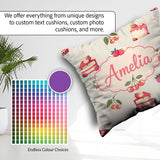 Custom Name Cute Strawberry Cherry Cake Dessert Cream Background Square Filled Cushion Throw Pillow Sofa Bed Home Decor Zip Washable UK Made