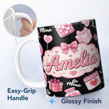 Personalized Custom Name Cute Kawaii Valentine Love Hearts Syringe Gift Calendar Black Lovely 11oz Ceramic Coffee Tea Mug White Large Handle