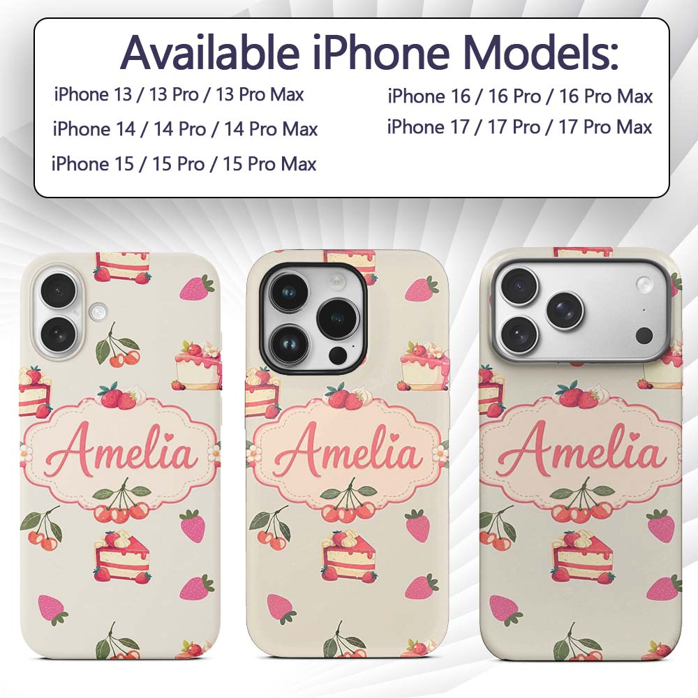 Cute Strawberry Cherry Cake Decorative Design Custom Name Protective Phone Case Mobile Cover Durable Everyday Smartphone Shock Resistant