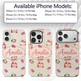 Cute Strawberry Cherry Cake Decorative Design Custom Name Protective Phone Case Mobile Cover Durable Everyday Smartphone Shock Resistant