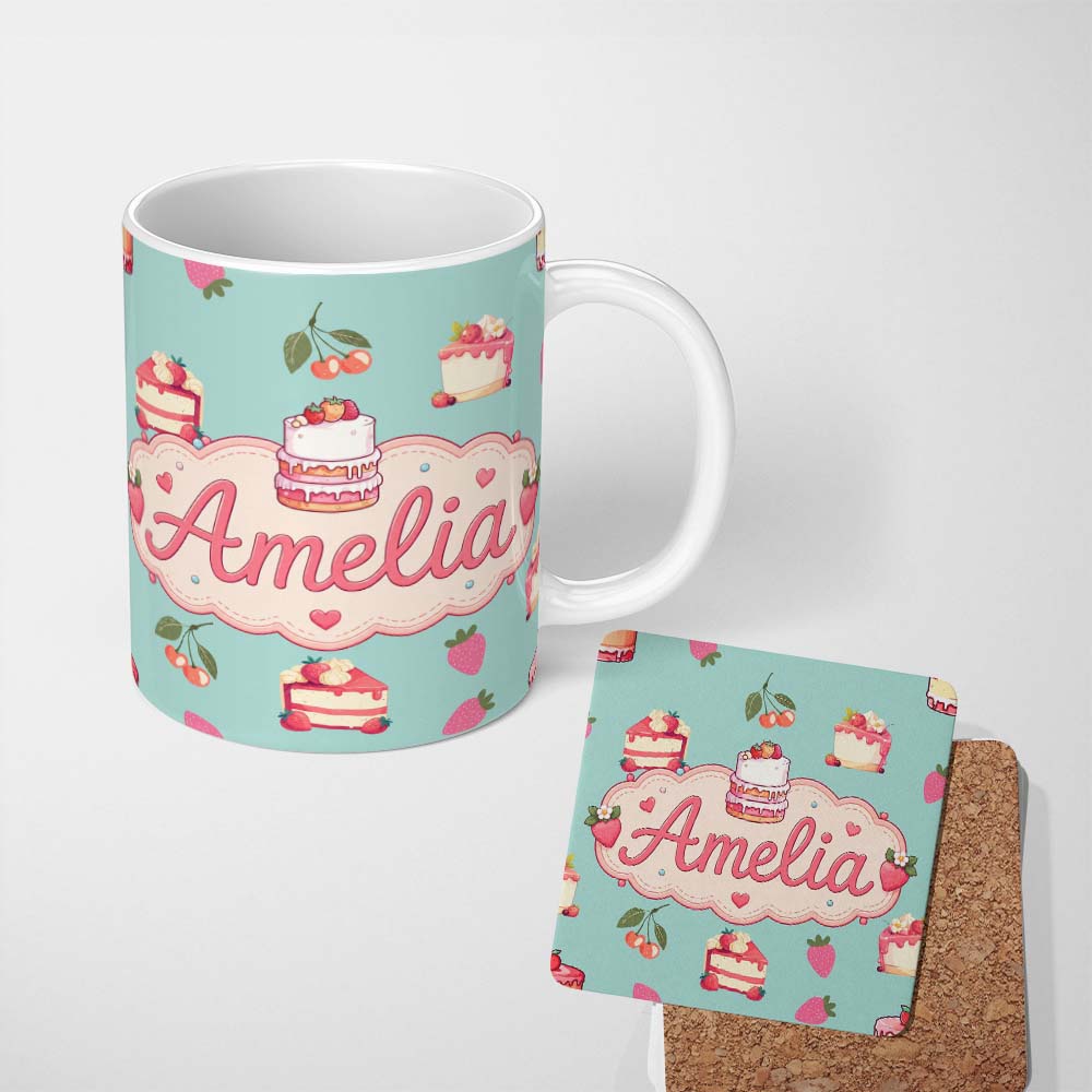 Personalized Custom Name Cute Strawberry Cherry Cake Dessert Mint Green Background Seamless 11oz Ceramic Coffee Tea Mug White Large Handle
