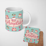 Personalized Custom Name Cute Strawberry Cherry Cake Dessert Mint Green Background Seamless 11oz Ceramic Coffee Tea Mug White Large Handle