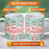 Personalized Custom Name Cute Strawberry Cherry Cake Dessert Mint Green Background Seamless 11oz Ceramic Coffee Tea Mug White Large Handle