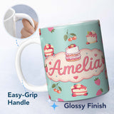 Personalized Custom Name Cute Strawberry Cherry Cake Dessert Mint Green Background Seamless 11oz Ceramic Coffee Tea Mug White Large Handle